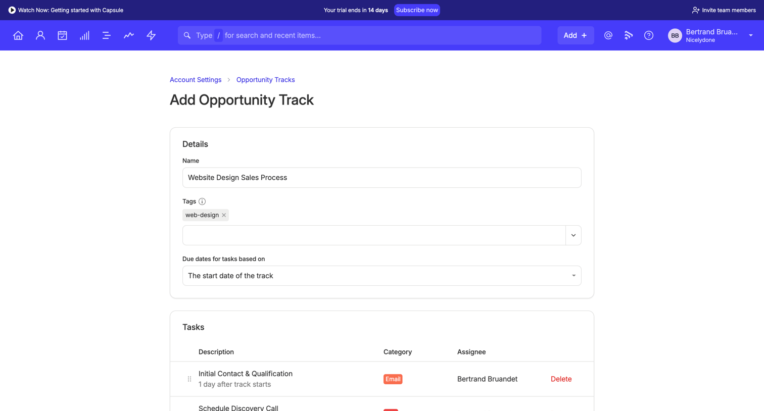 Capsule - Tracks | Nicelydone CRM screen