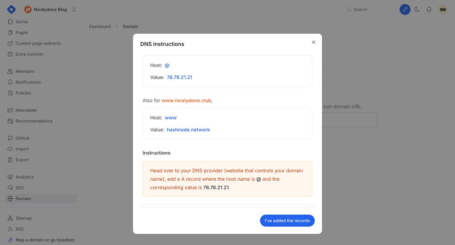 Hashnode - Dashboard - Domain screen