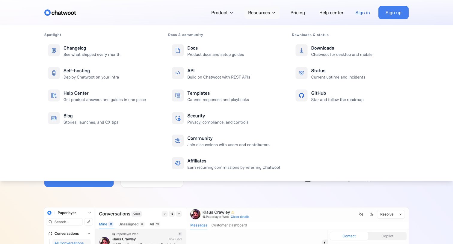 Chatwoot - Chatwoot AI-powered, open-source customer support platform. Self-host or cloud. Alternative to Intercom & Zendesk. screen