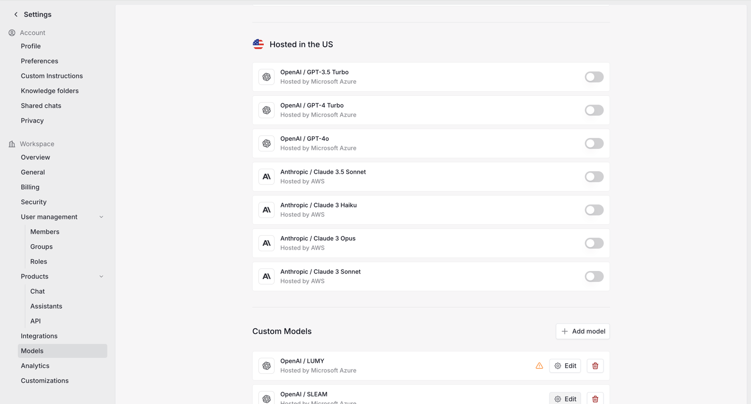 Langdock - Settings screen