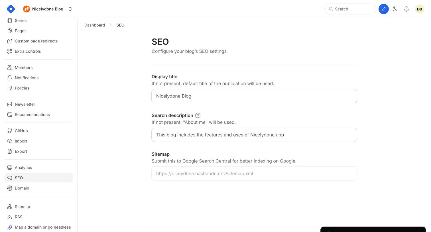 Hashnode - Dashboard - SEO screen