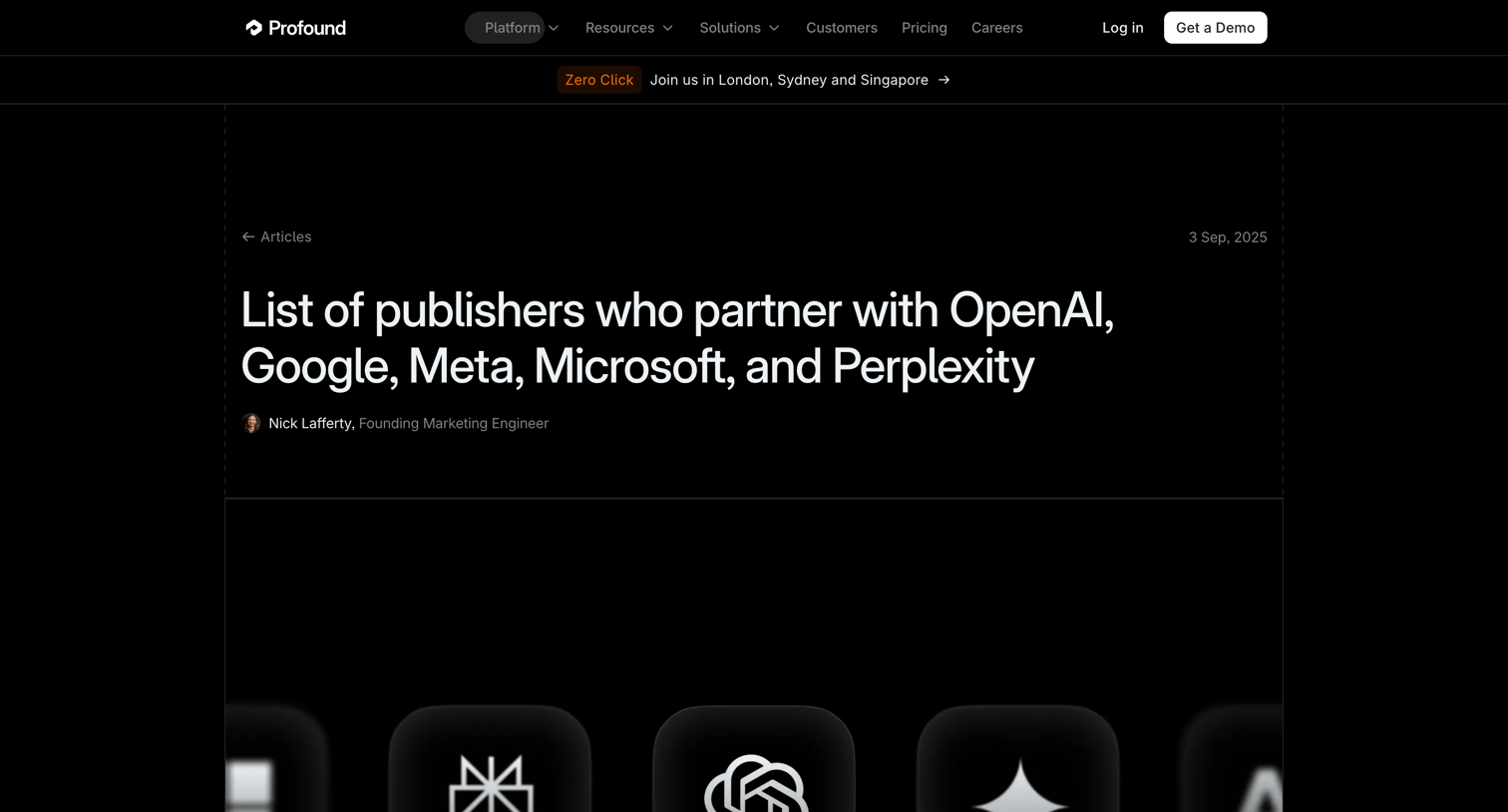 List of publishers who partner with OpenAI, Google, Meta, Microsoft, and Perplexity from Tryprofound