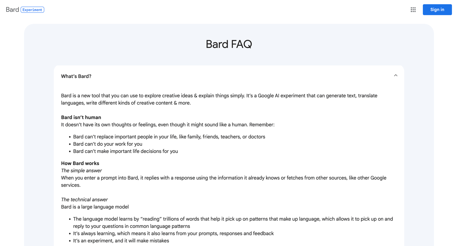 Bard - What Can Bard Do and Other Frequently Asked Questions - Bard screen