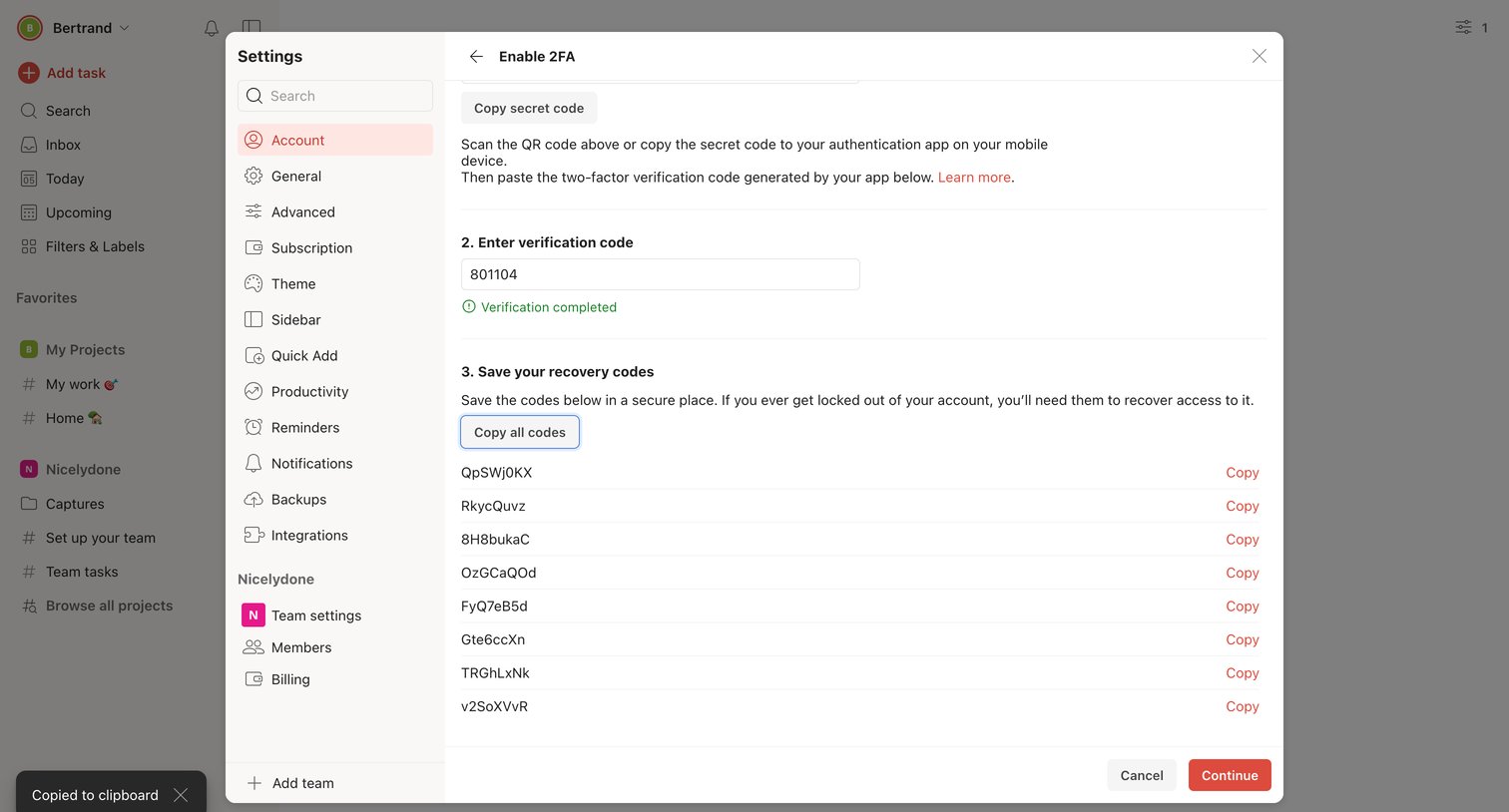 Todoist - Enable 2FA – Settings – Todoist screen