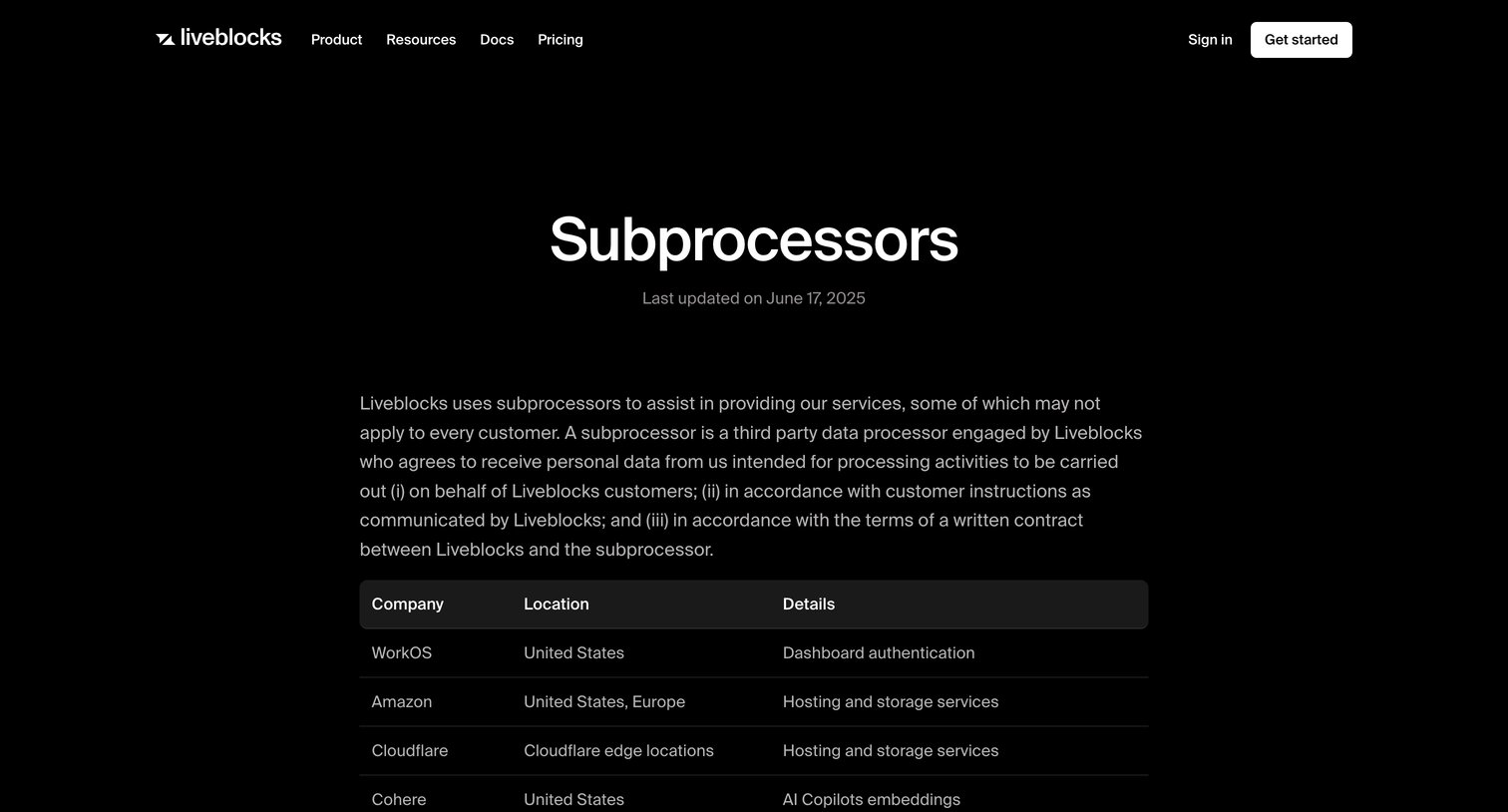 Liveblocks - Subprocessors  Liveblocks screen