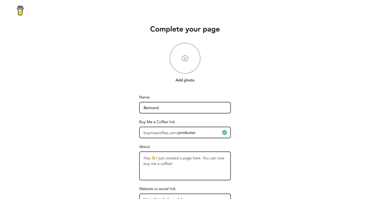 Buy Me a Coffee - Signup - Buy Me a Coffee screen