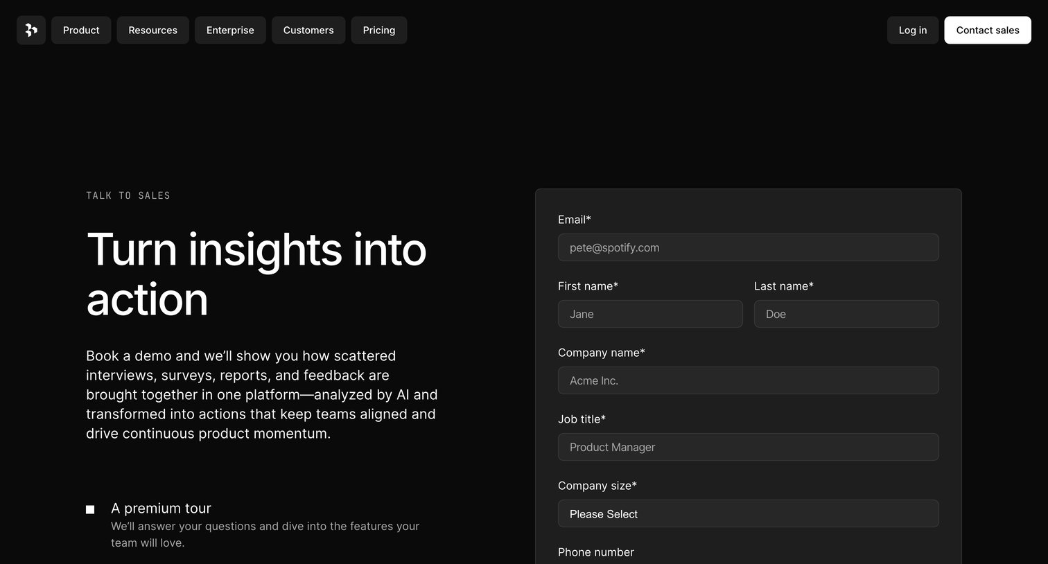 Dovetail - Request a demo Dovetail screen