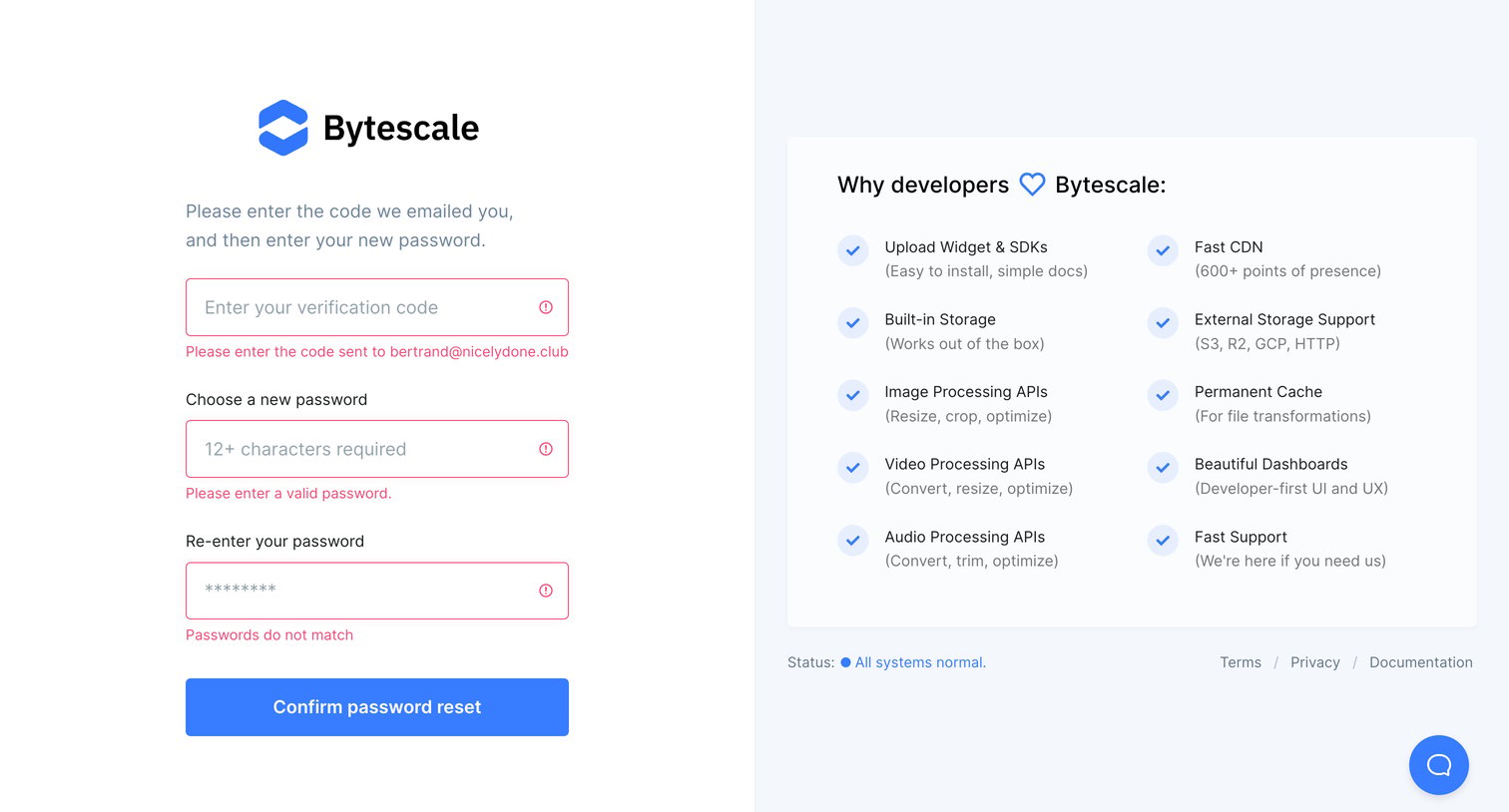 Bytescale - Choose a New Password | Bytescale screen