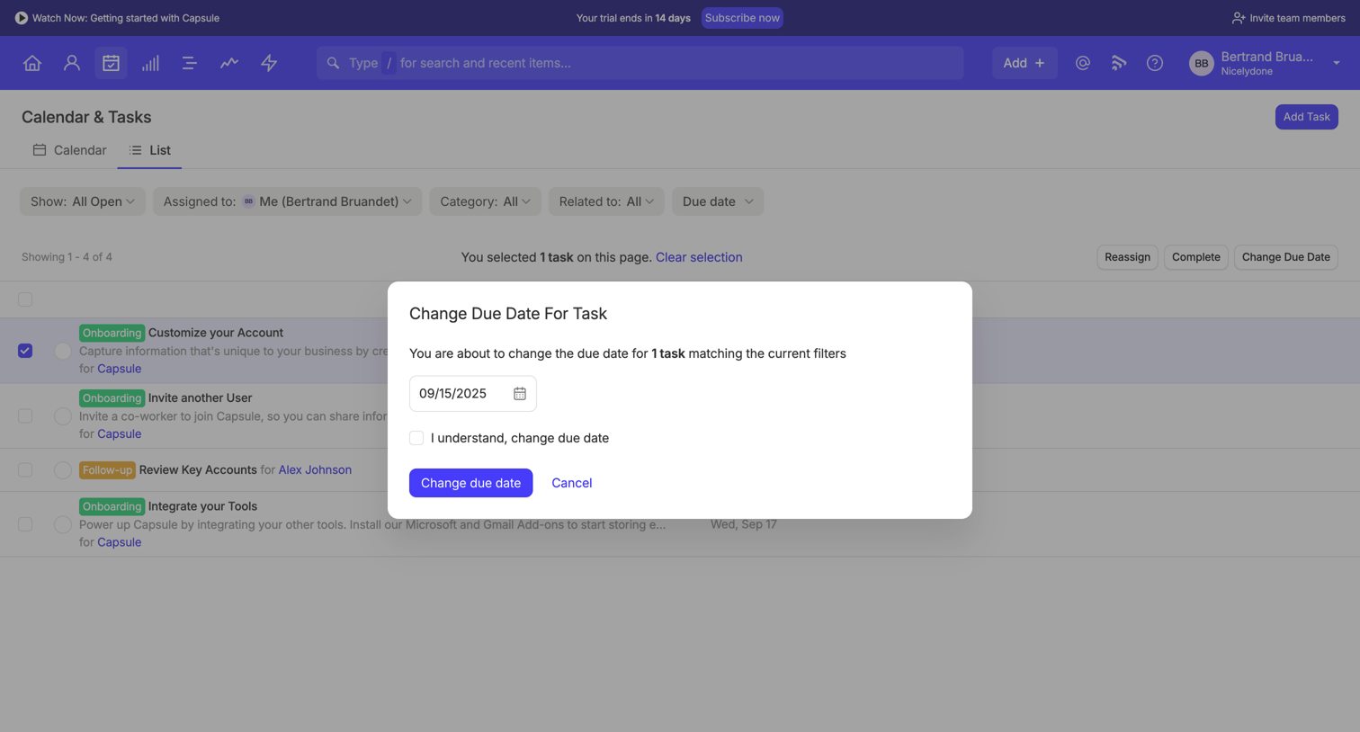 Capsule - Tasks | Nicelydone CRM screen