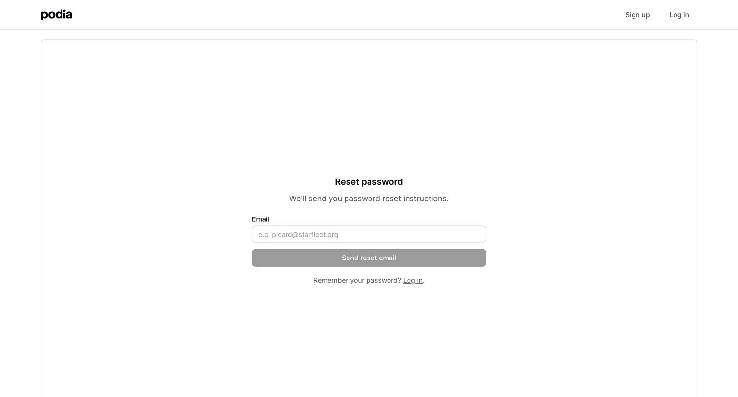 Podia - Podia Reset password screen