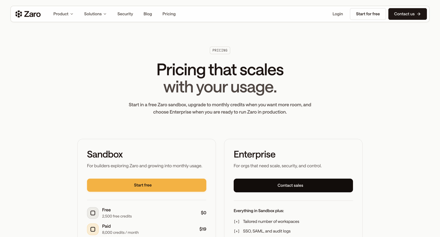 Zaro - Pricing - Zaro screen
