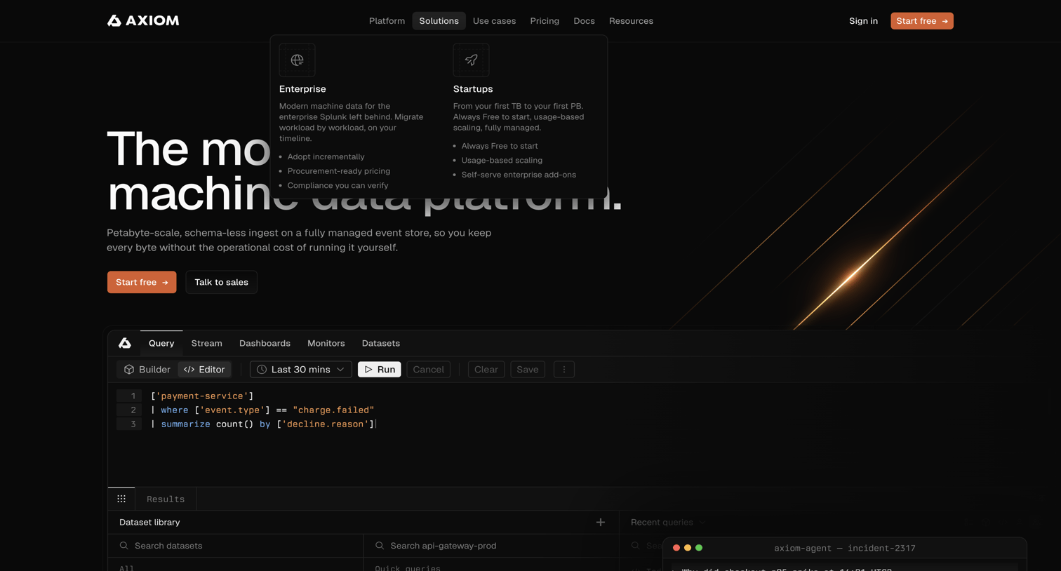 Axiom - Axiom - The modern machine data platform - hover: Solutions screen