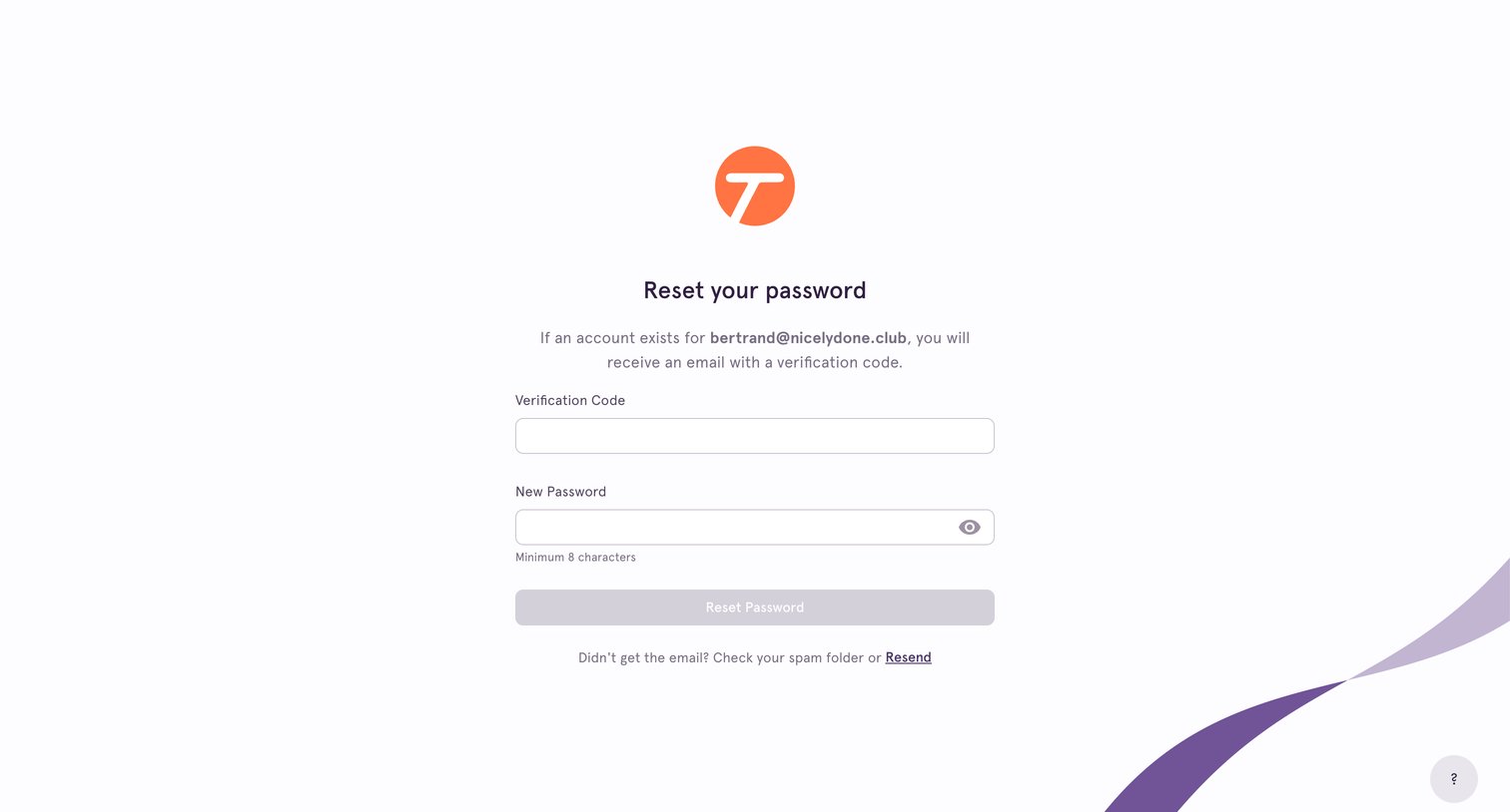 Tango - Confirm Reset Password screen