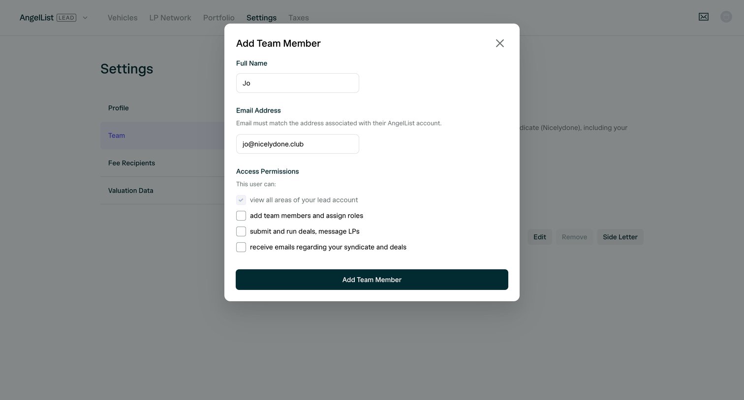 Angellist - Syndicate Settings | AngelList screen