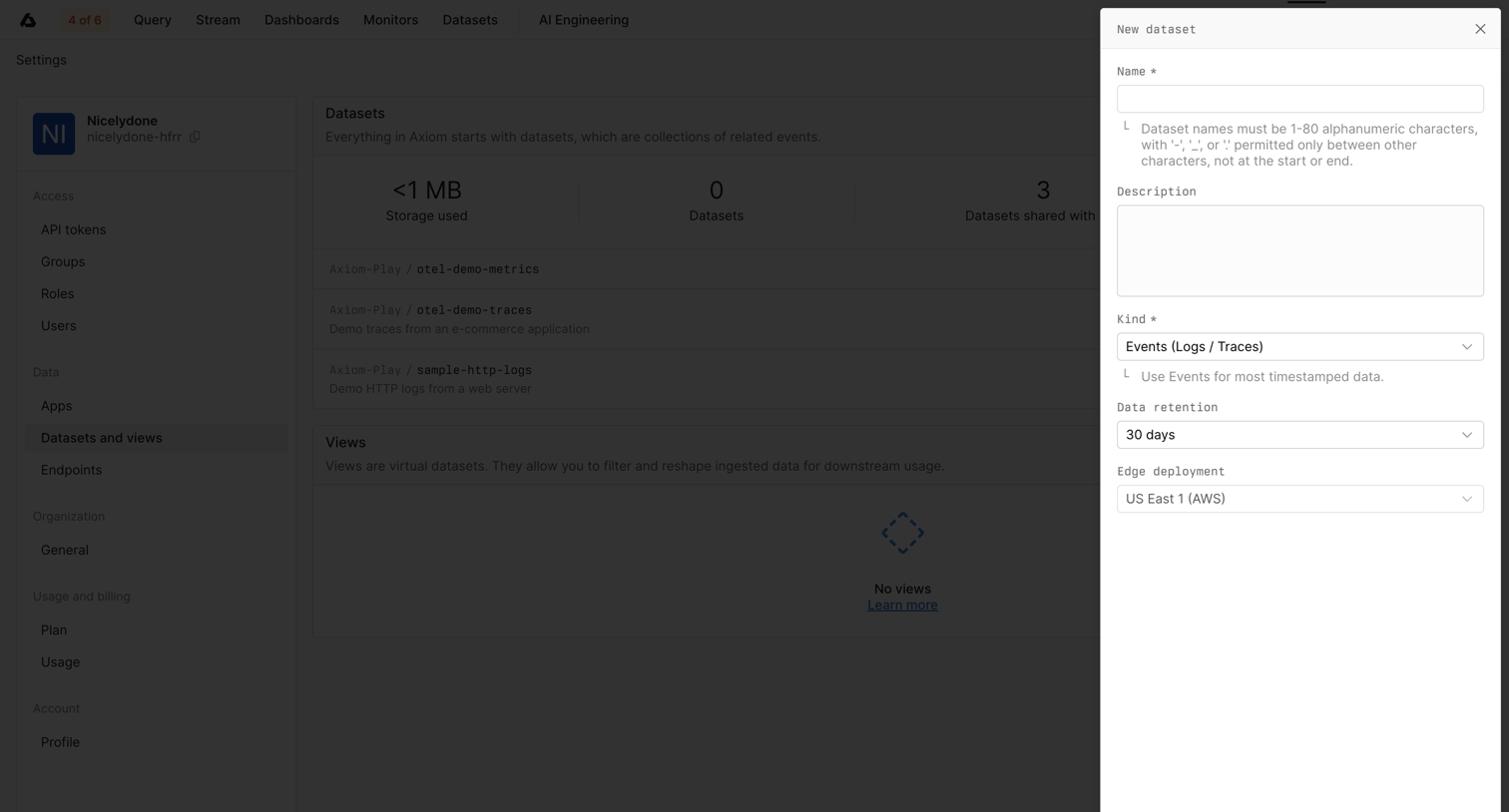 Axiom - Datasets and Views - Settings - Axiom screen