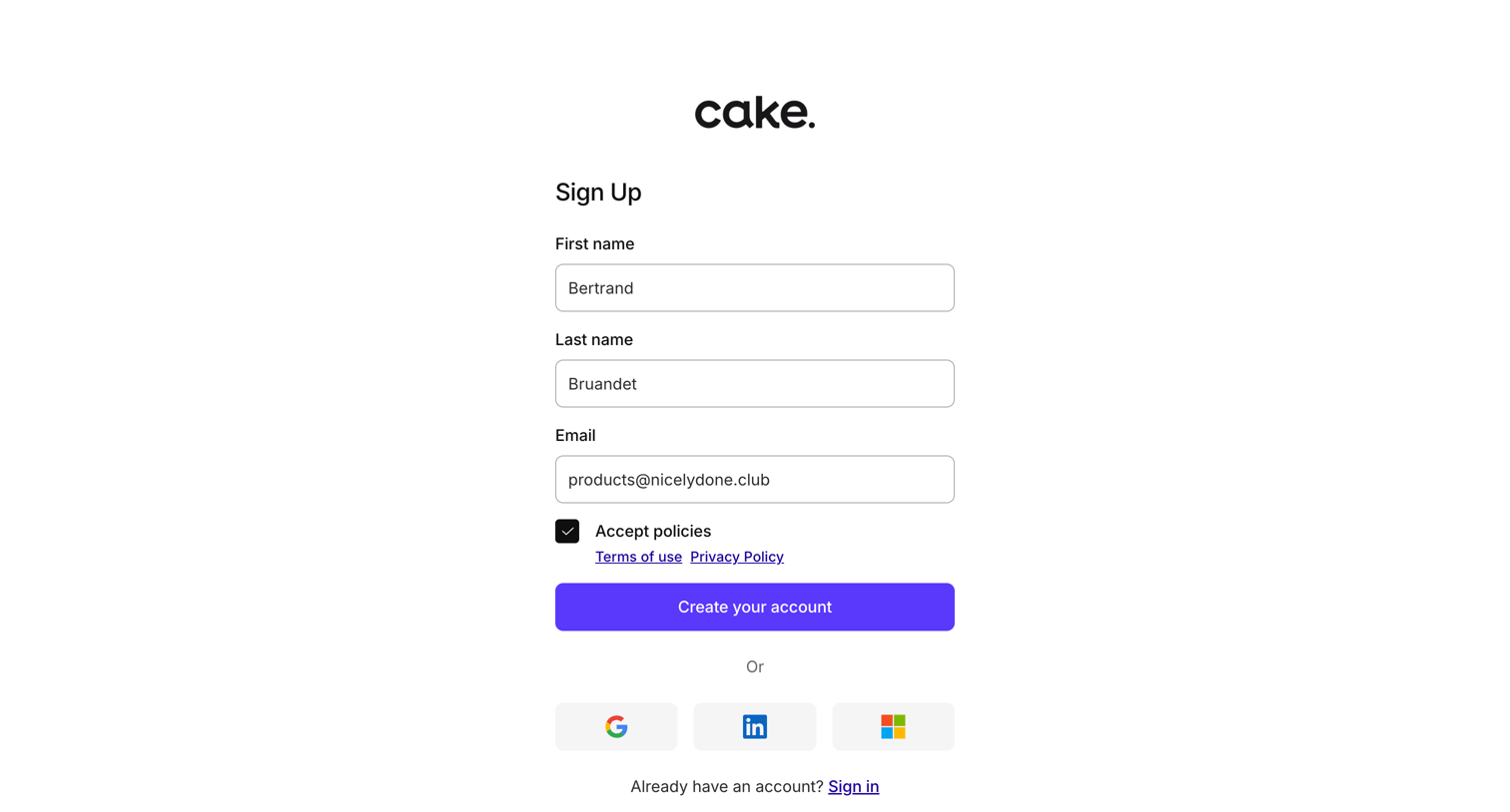 Cake - Sign up | Cake Equity screen