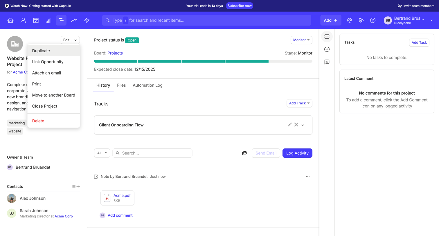 Capsule - Website Redesign Project | Nicelydone CRM screen