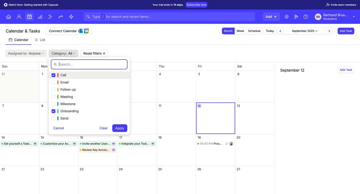Capsule - Calendar | Nicelydone CRM screen
