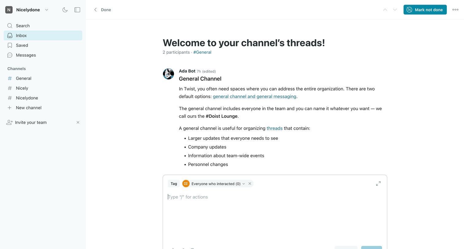 Welcome to your channel’s threads! · Nicelydone from Twist