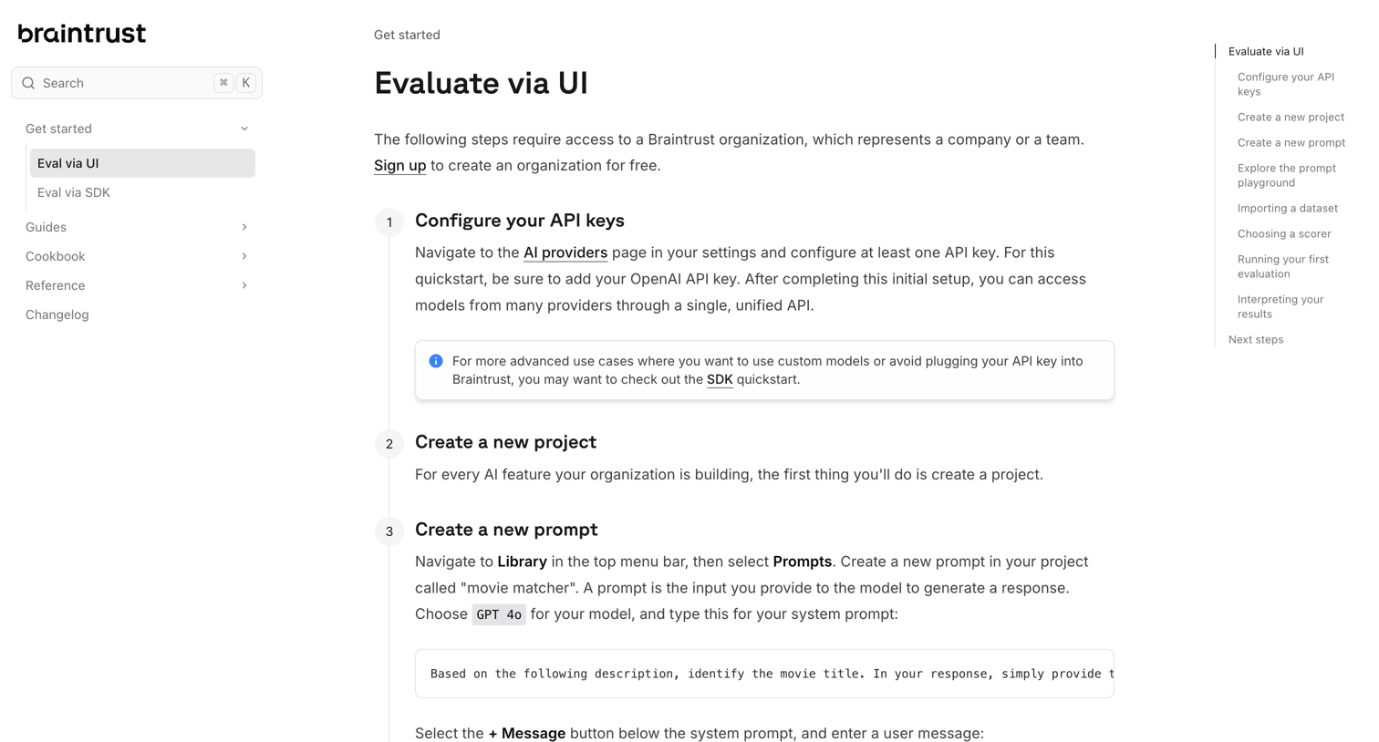 Braintrust - Eval via UI - Docs - Braintrust screen