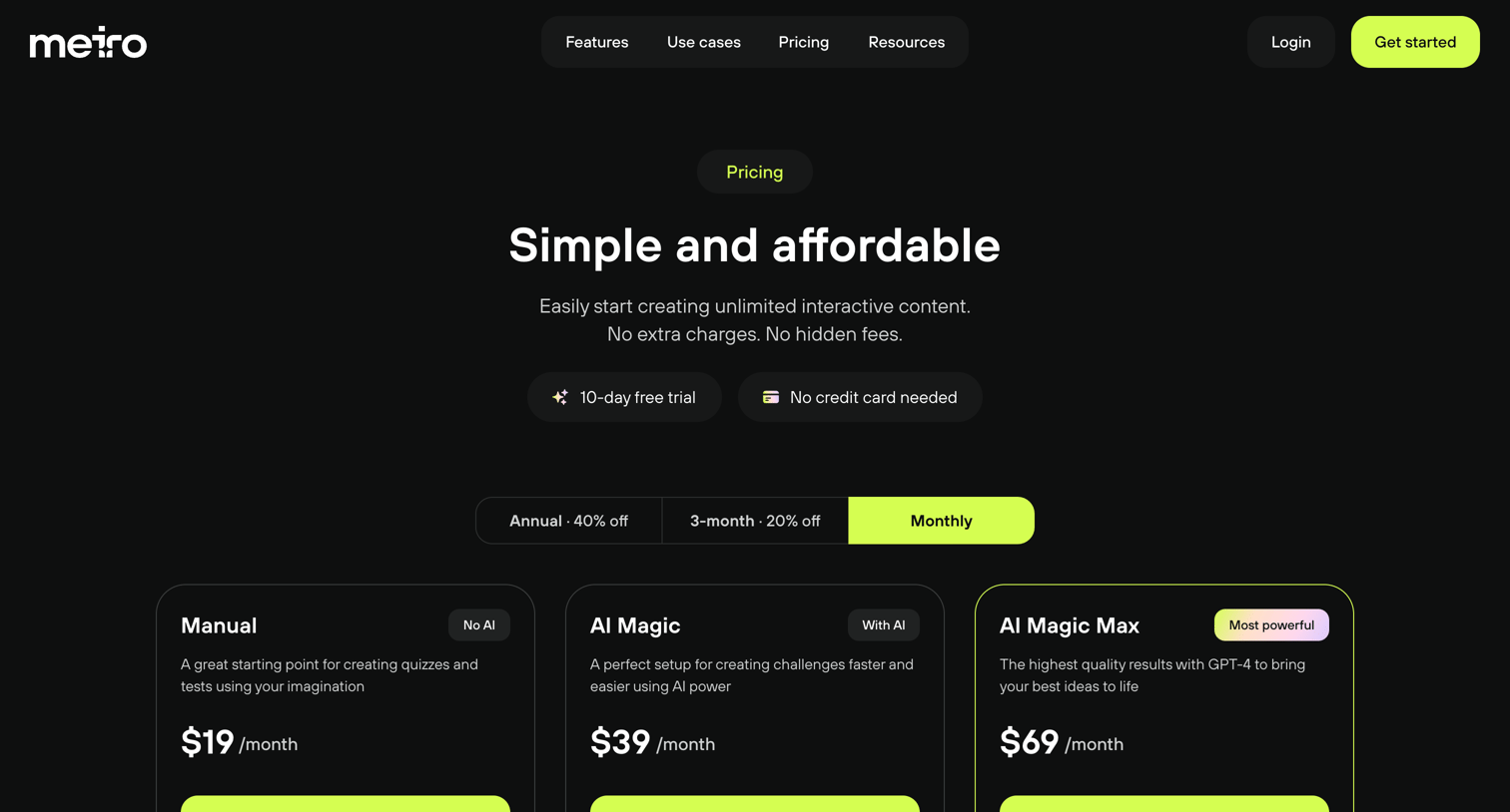 Meiro - Pricing · Meiro screen