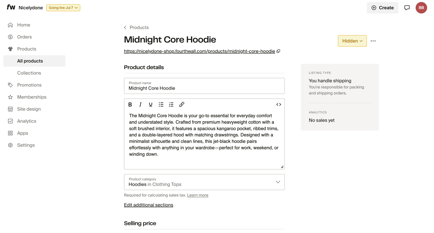 Fourthwall - Midnight Core Hoodie – Dashboard screen
