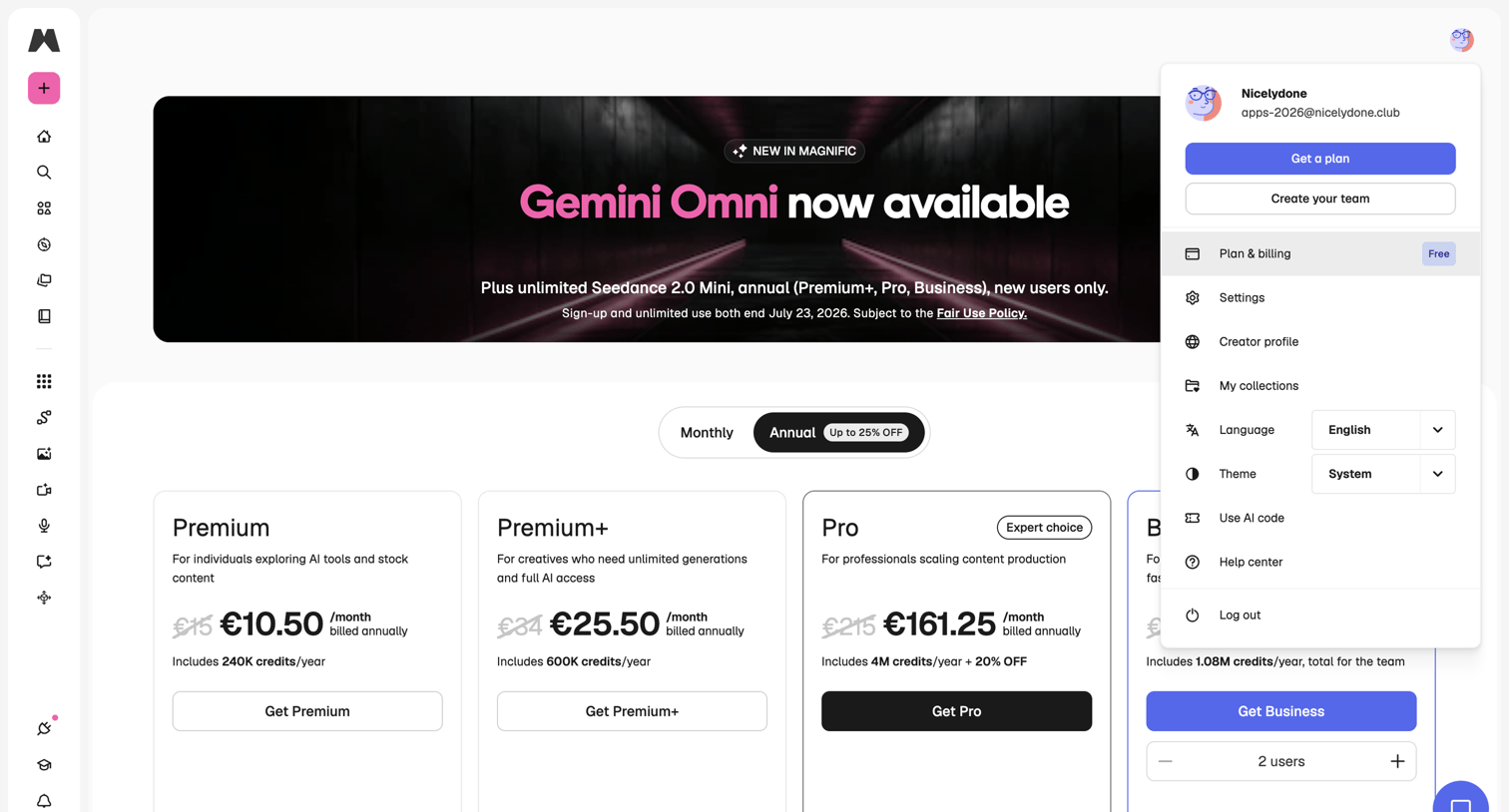 Magnific - Pricing plans | Magnific (formerly Freepik) screen