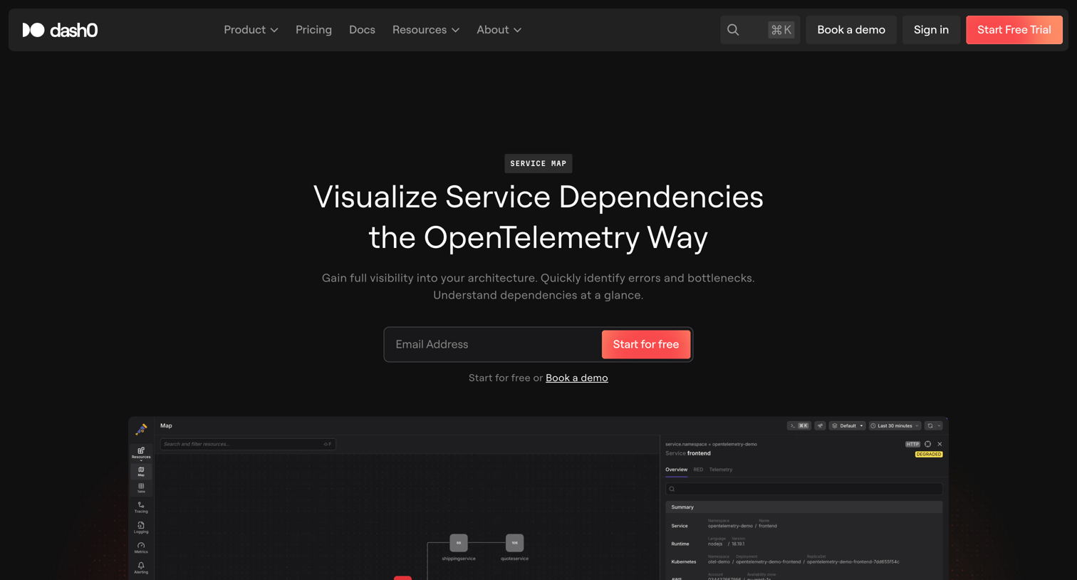Dash0 - Service Map · Dash0 screen