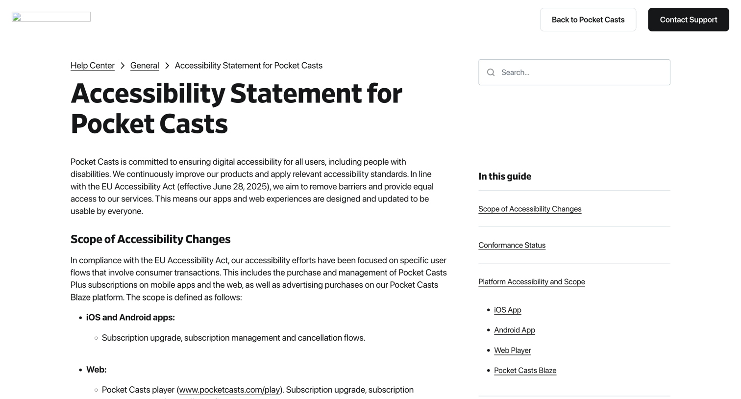 Pocket Casts - Accessibility Statement for Pocket Casts – Pocket Casts Support screen