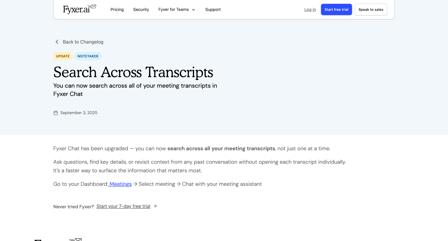 Fyxer - Search Across Transcripts  Fyxer AI screen