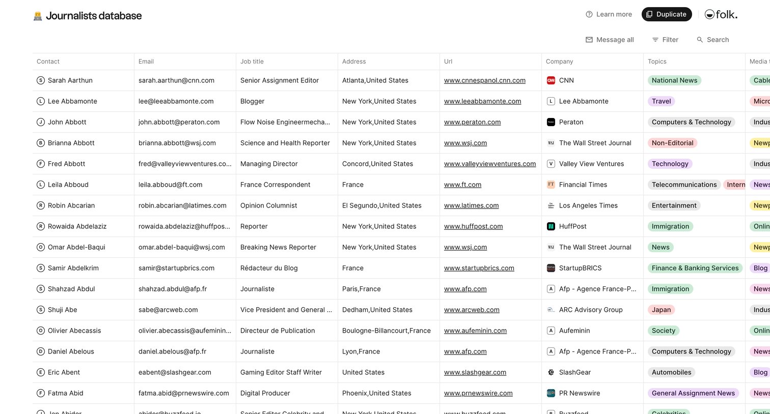 Folk - folk - Journalists database screen