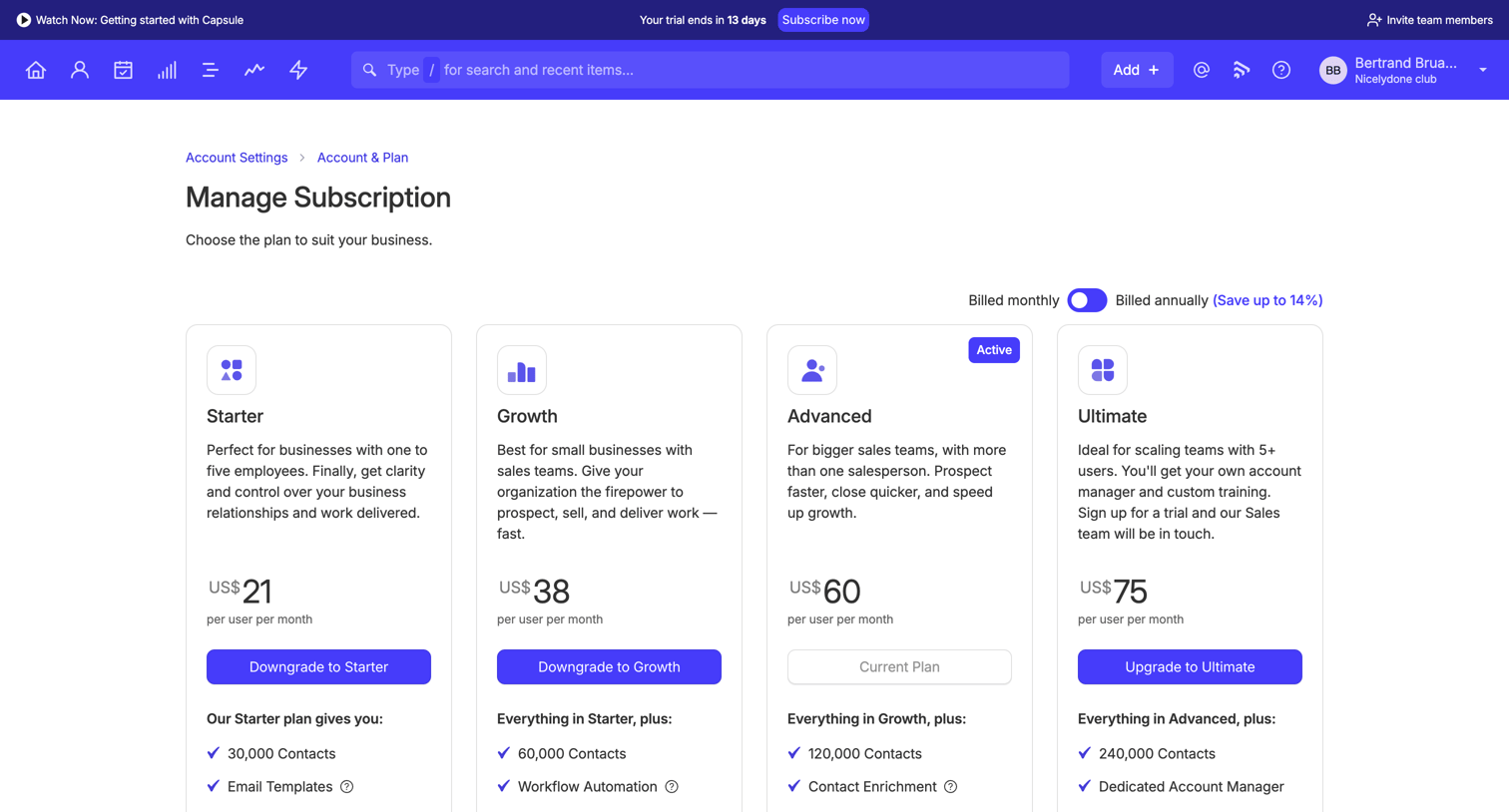 Capsule - Manage Subscription | Nicelydone club CRM screen