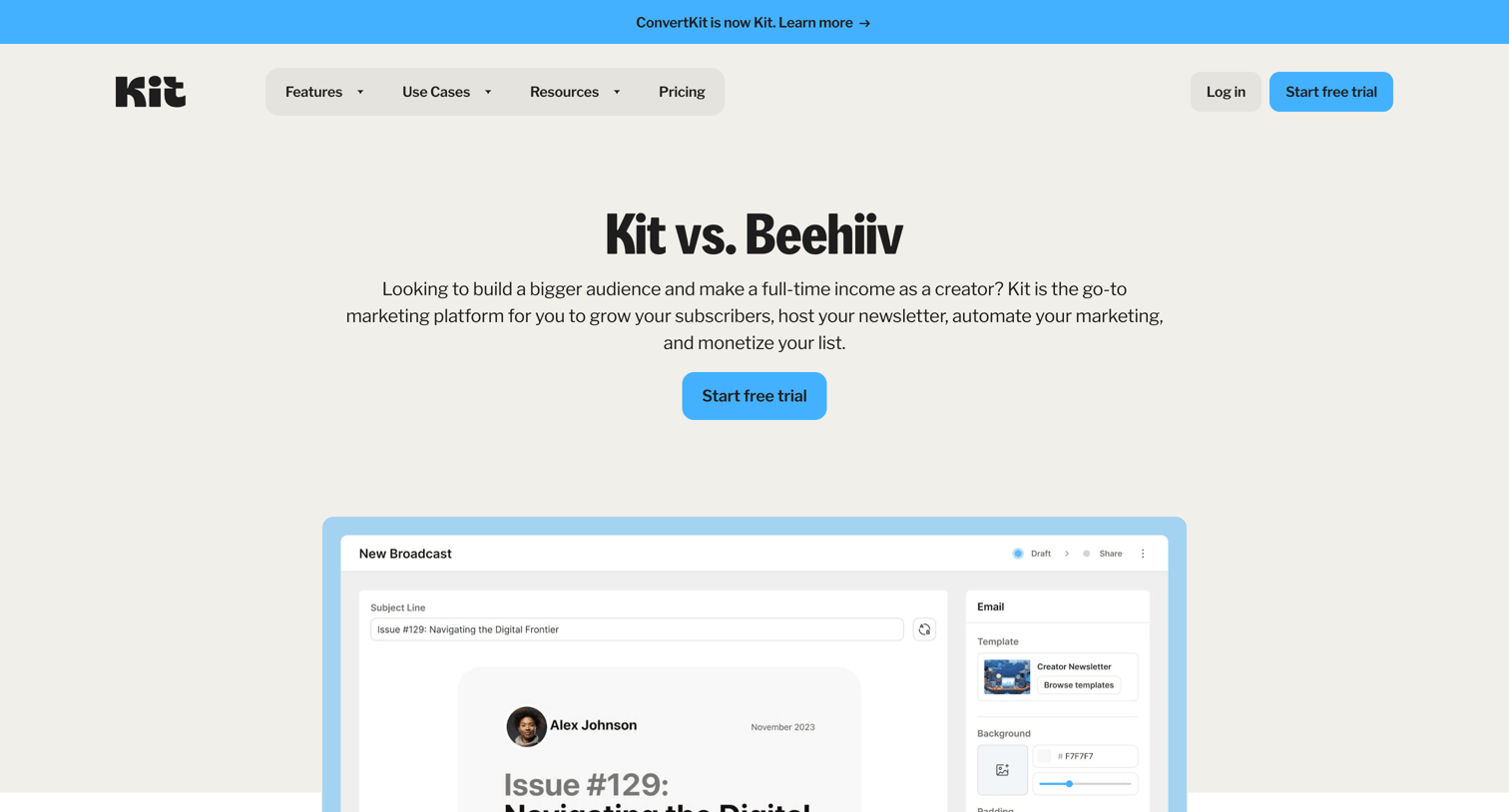 Kit - Beehiiv vs. Kit Comparison screen