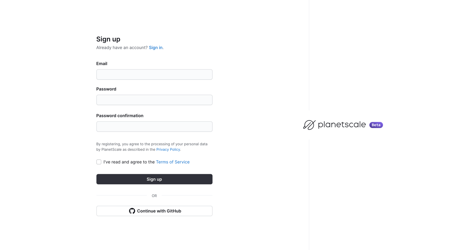PlanetScale - Sign up - PlanetScale screen