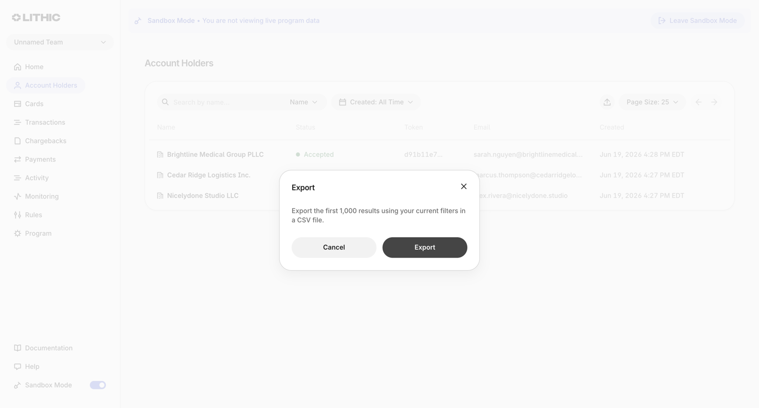Lithic - Lithic - Account Holders screen