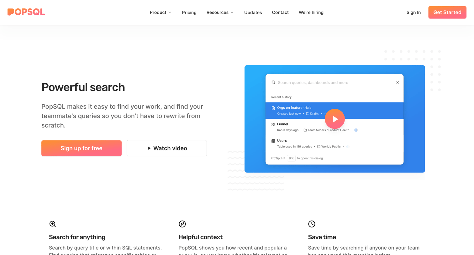 PopSQL - Search | PopSQL screen