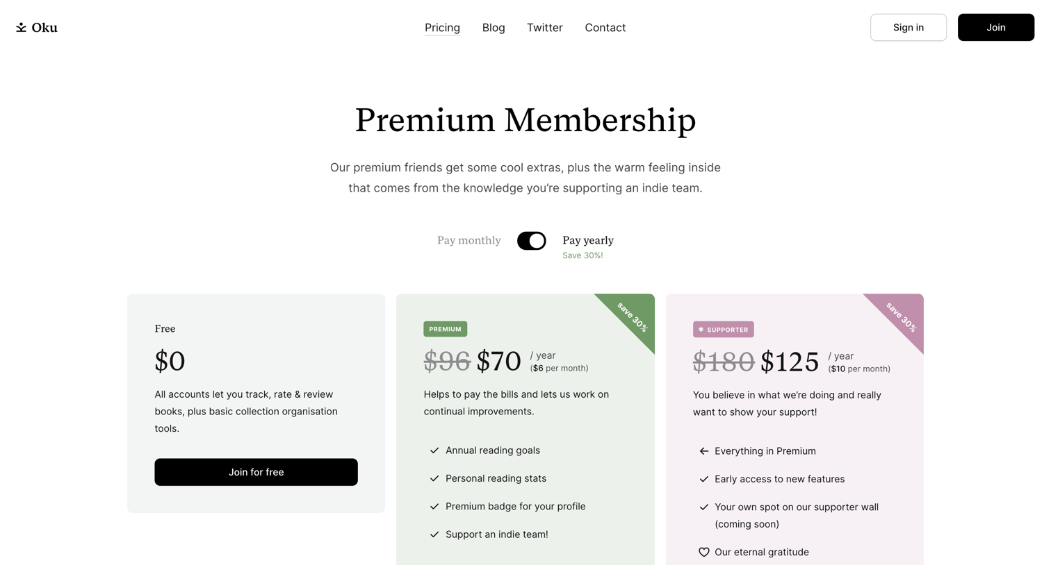 Oku - Pricing Oku screen