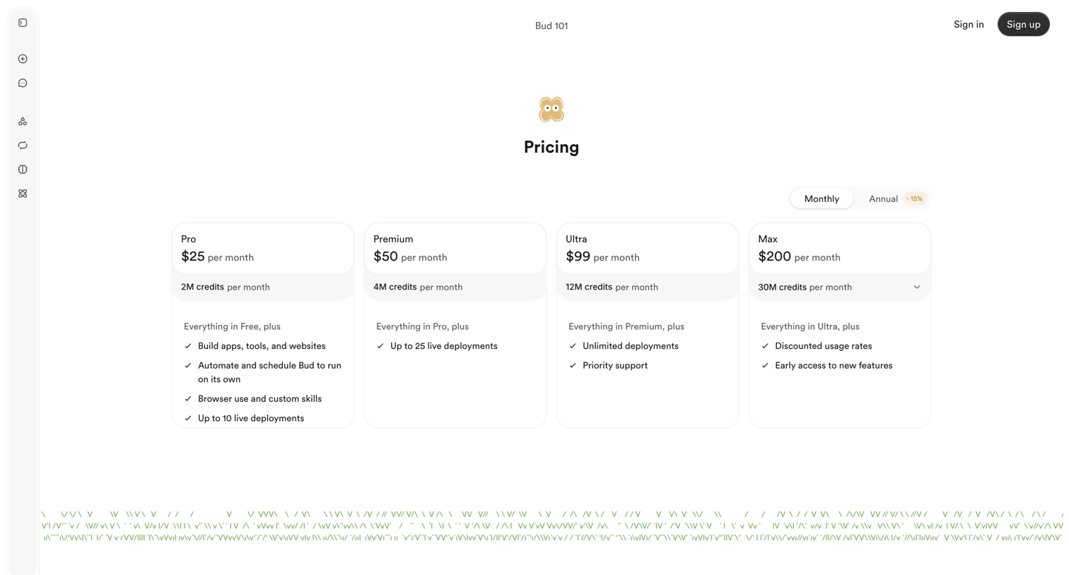 Bud - Pricing - Bud screen