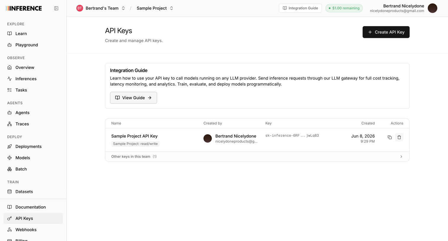 Inference - Dashboard | inference.net screen