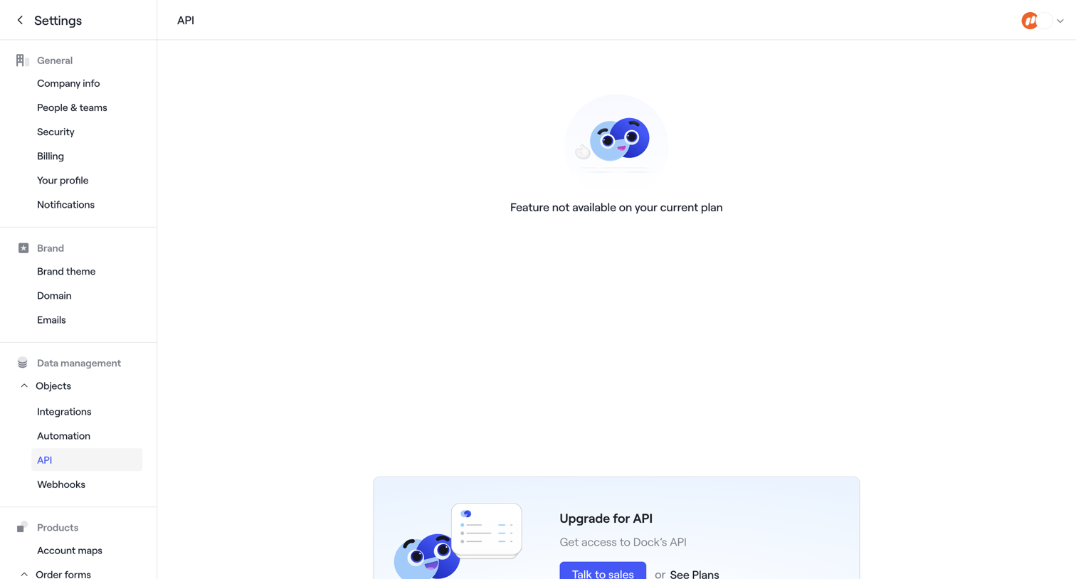 Dock - Settings · API screen