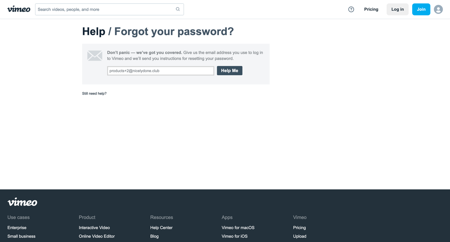 Vimeo - Forgot your password? screen