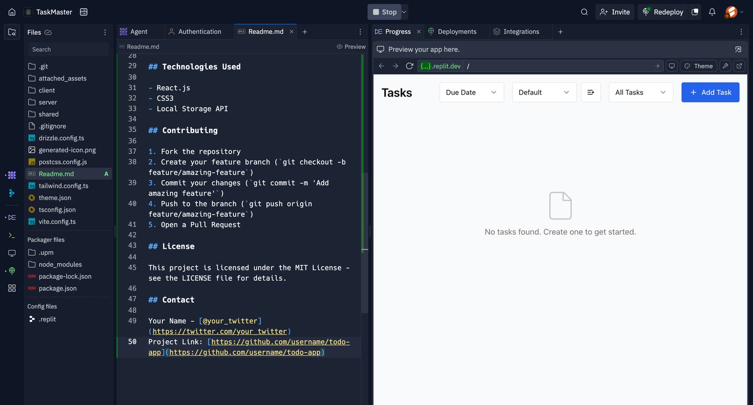 Replit - Readme.md - TaskMaster - Replit screen