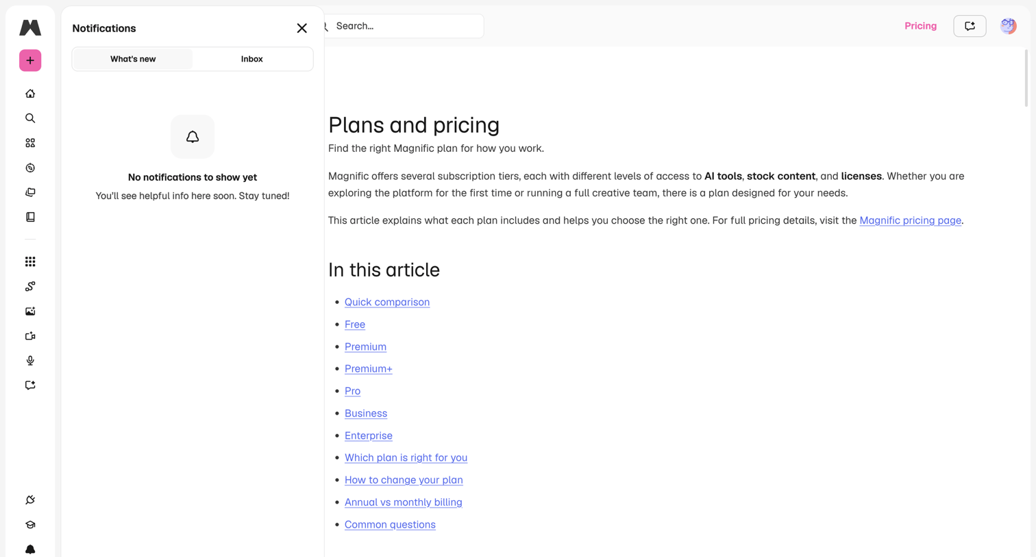 Magnific - Plans and pricing | Magnific Docs screen