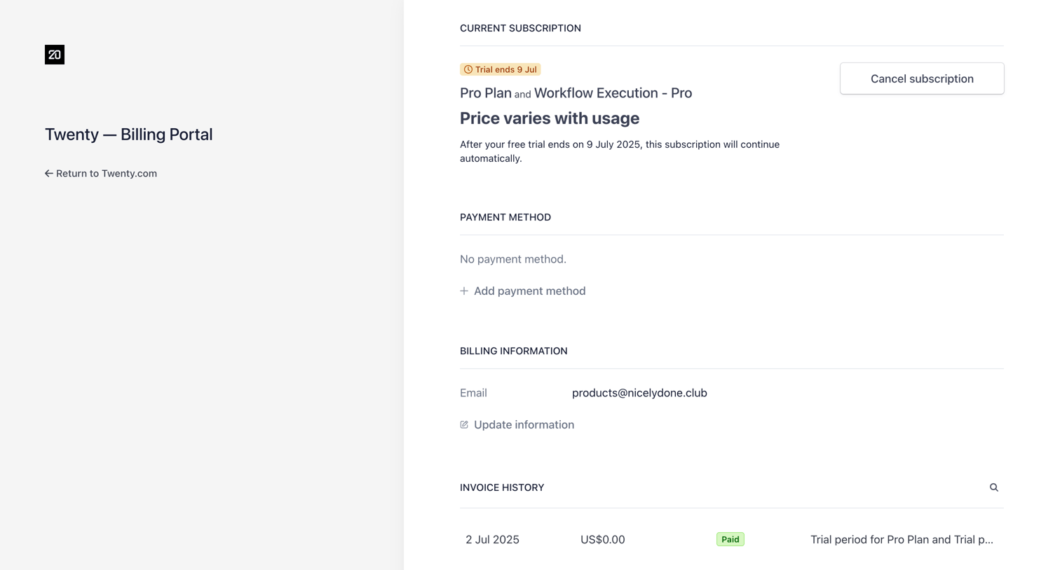 Twenty - Twenty.com Billing screen