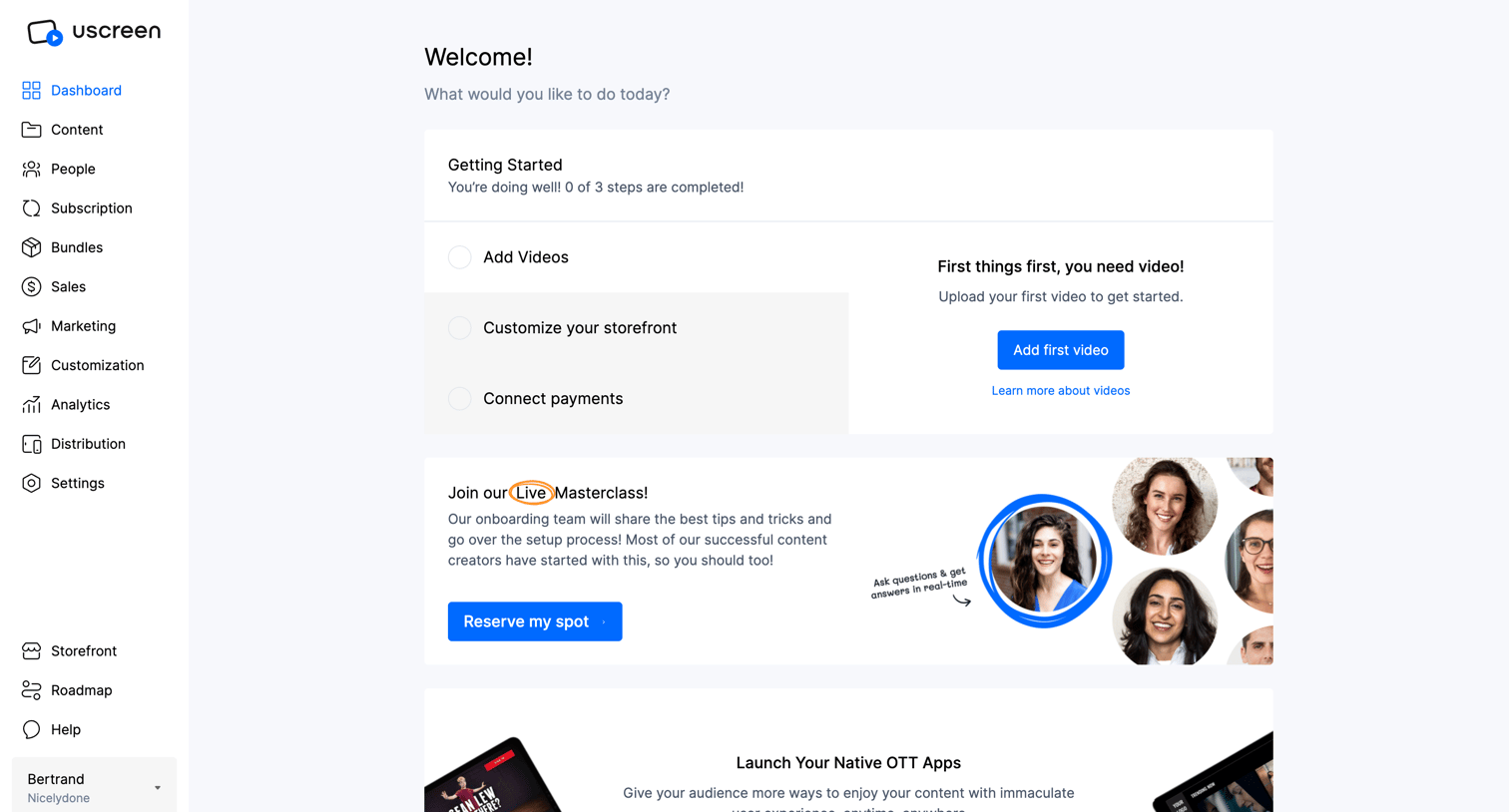 Uscreen - Admin Area screen