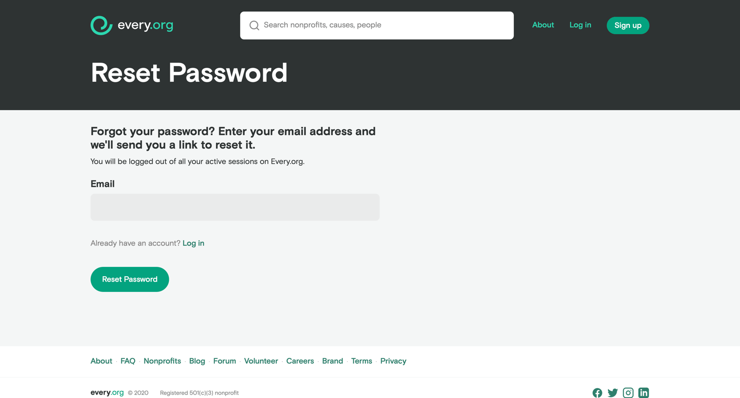 Every - Password reset screen