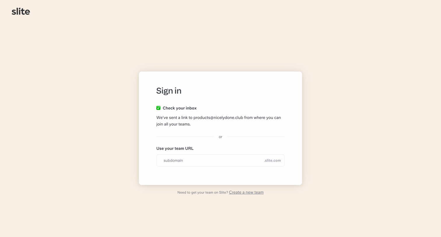 Slite - Sign in to your workspace | Slite screen