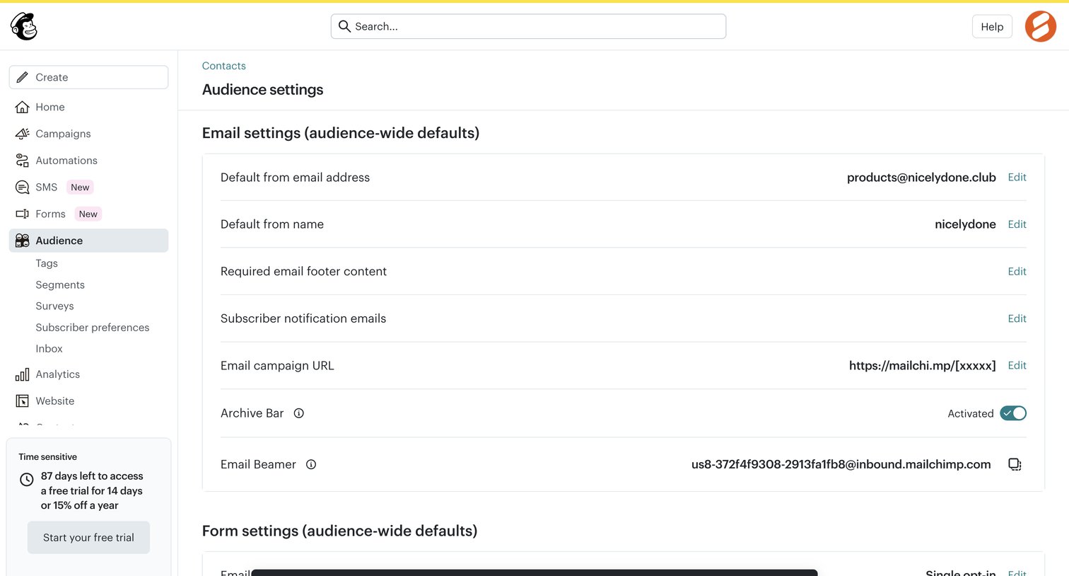 Mailchimp - Audience settings | Mailchimp screen