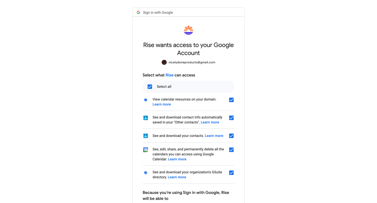 Rise - Sign in - Google Accounts screen