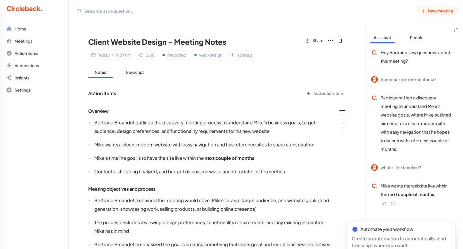 Circleback - Client Website Design – Meeting Notes - Circleback screen